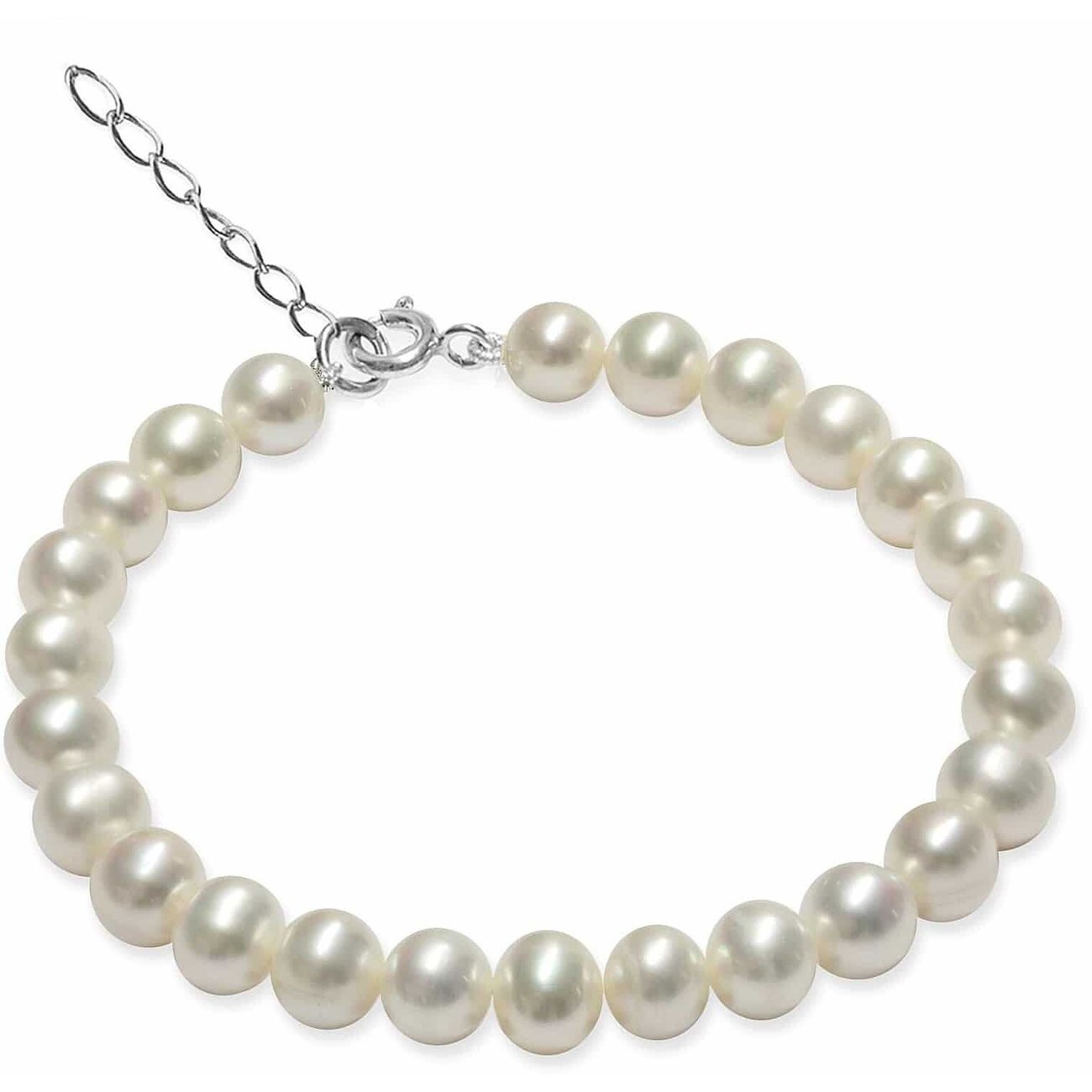 A strand of cream-colored pearls with a silver clasp on a white background