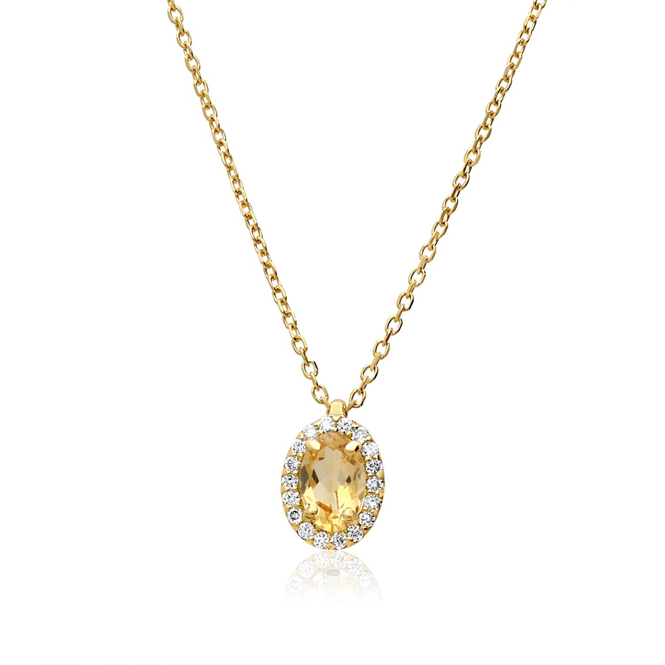 Gold necklace with an oval yellow gemstone pendant surrounded by clear stones