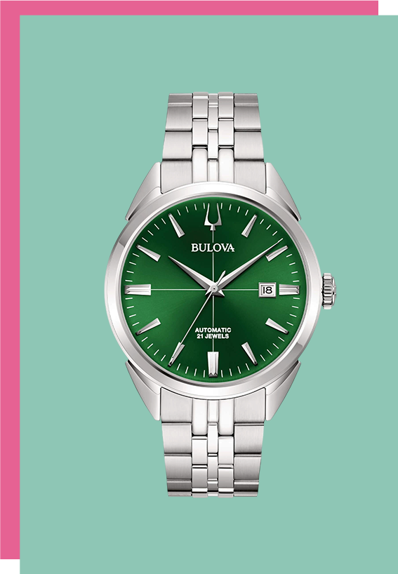 A silver Bulova watch with a green dial on a mint background