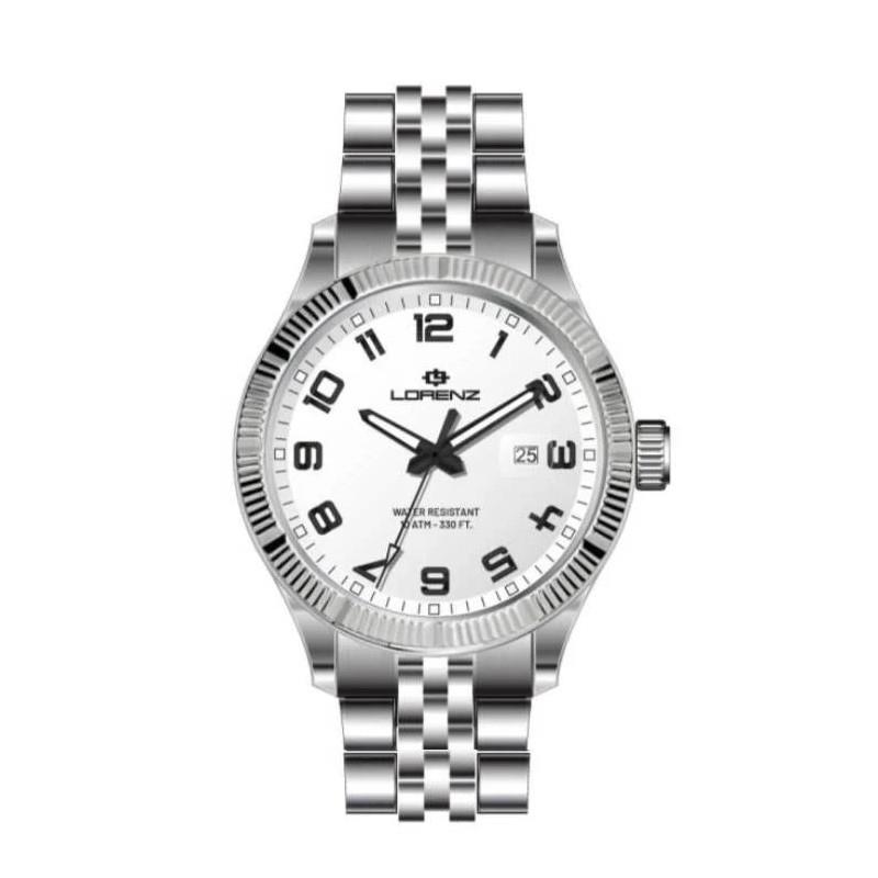 A silver wristwatch with a white dial and metal bracelet