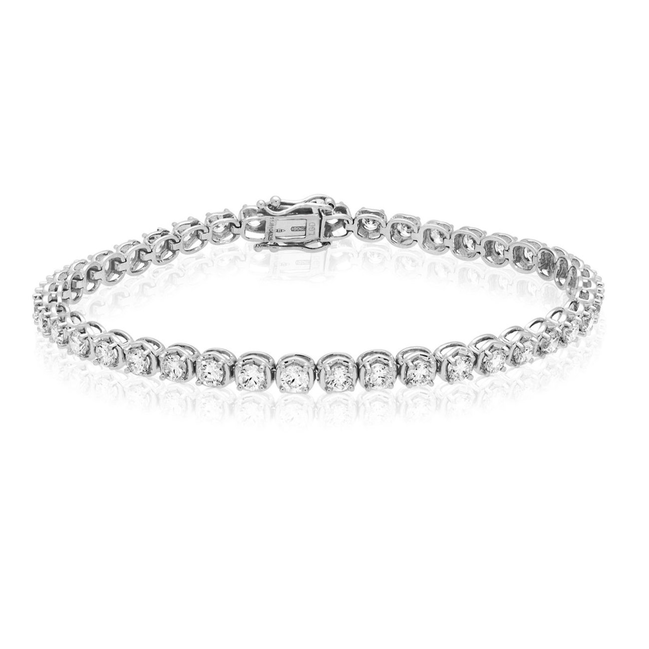 A silver bracelet with rows of clear stones on a white background.