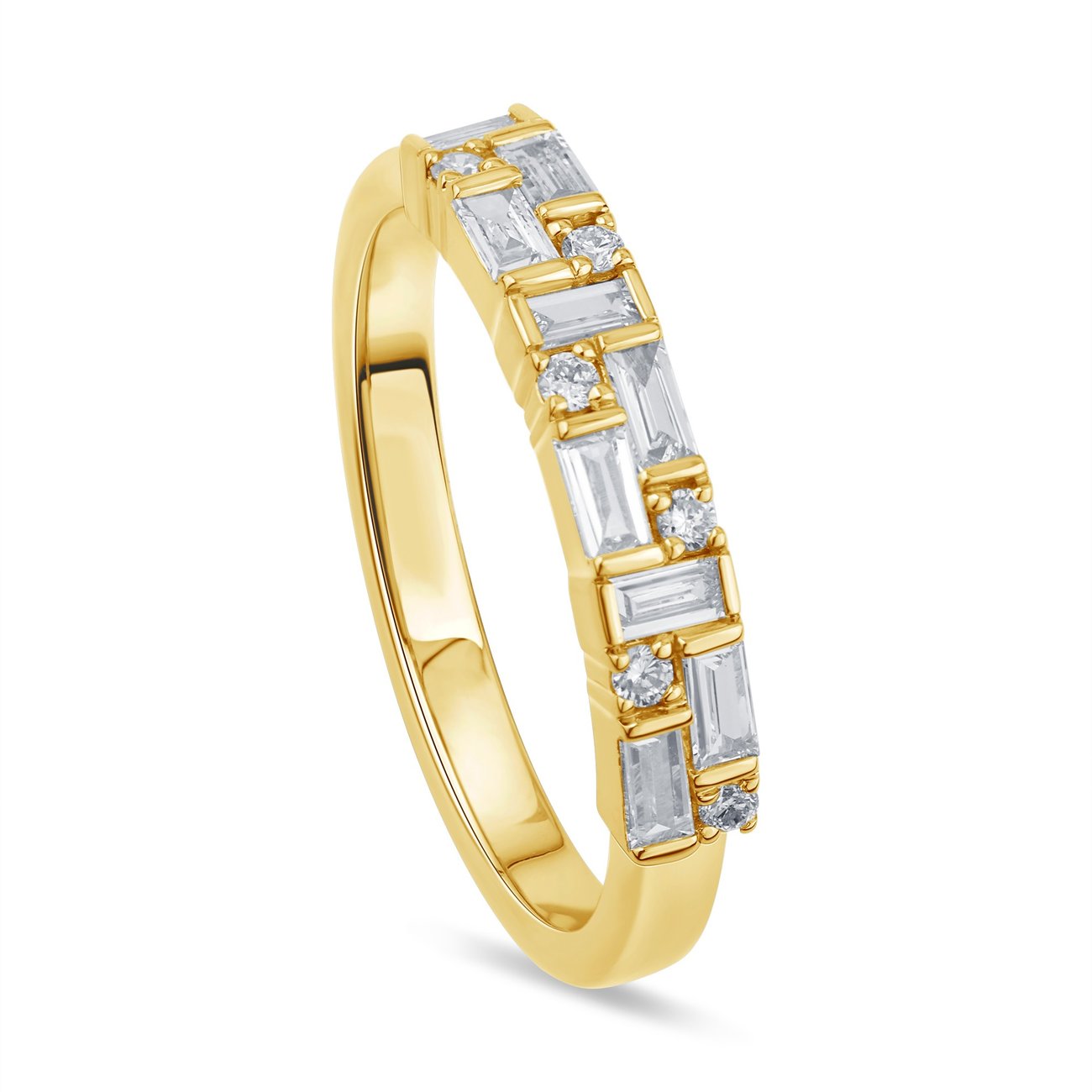 A gold ring featuring alternating clear rectangular and round stones