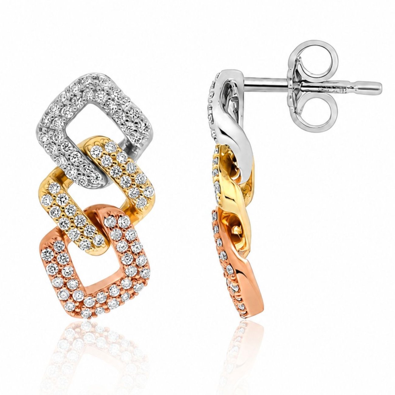 Three-tone loop earrings covered with small stones on a white background