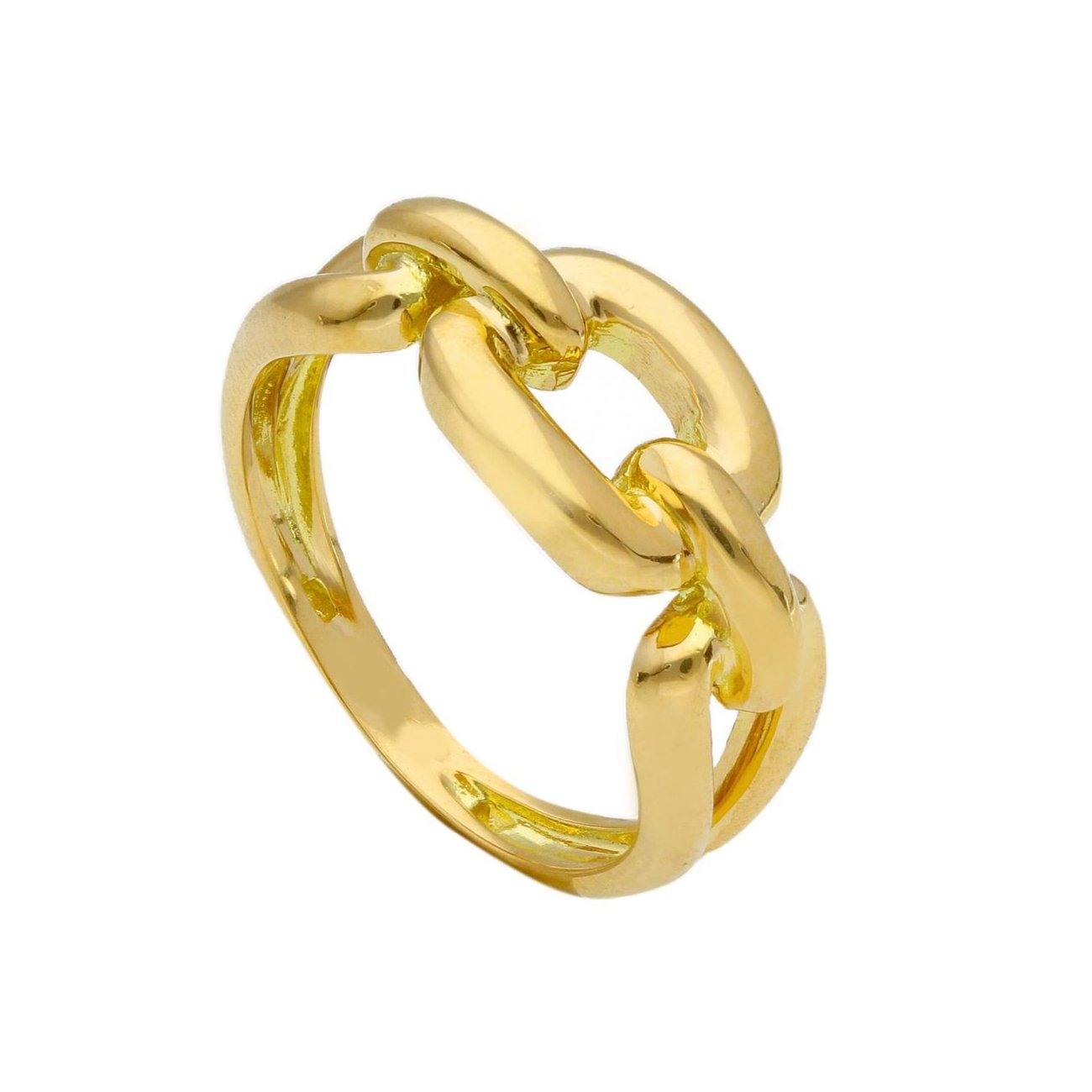 Gold chain links arranged against a white background